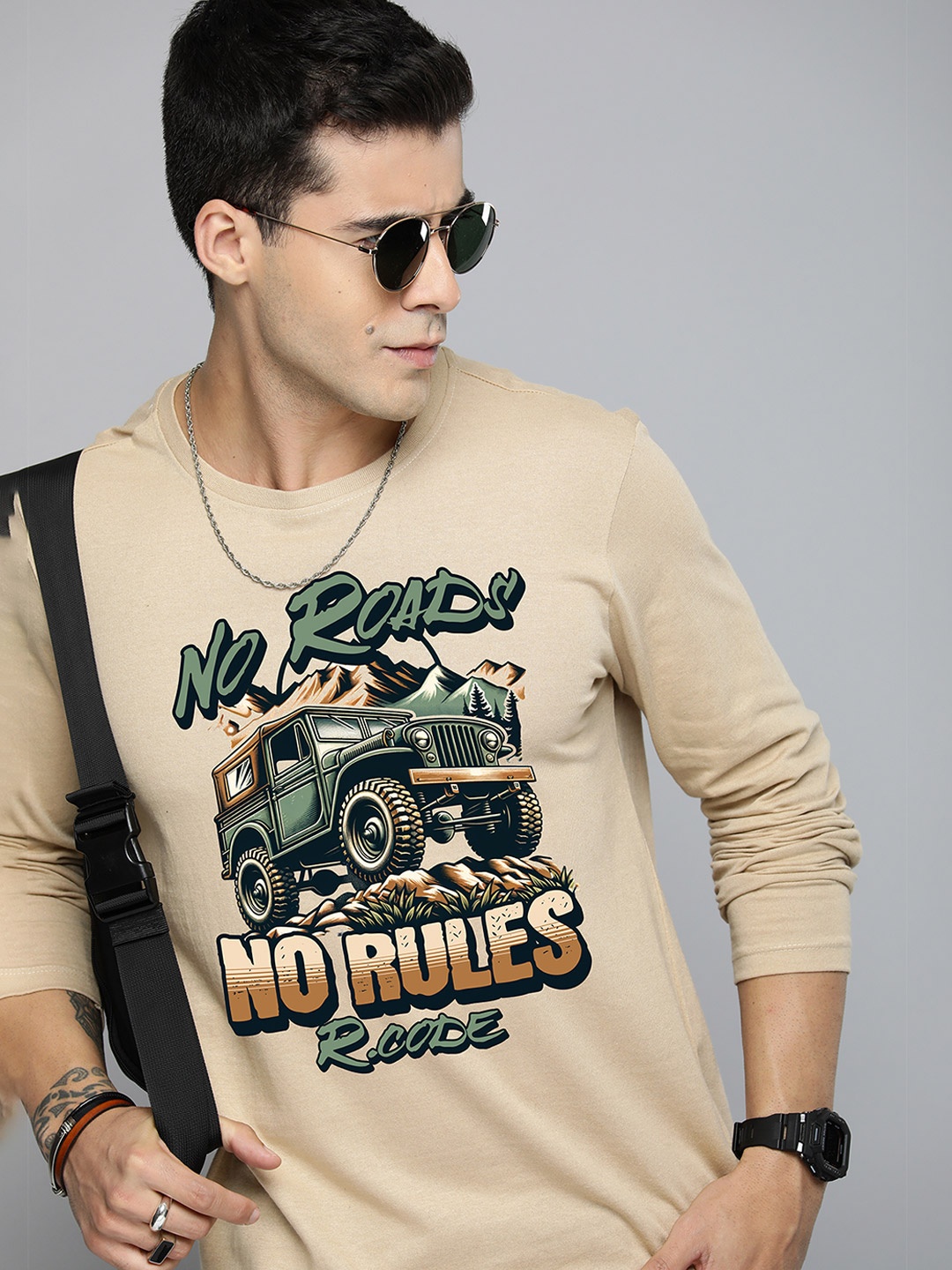 

R.Code by The Roadster Life Co. Men Typography Printed Applique T-shirt, Beige