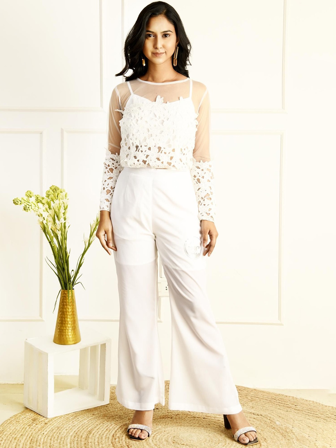 

RANJ Net Top Having Embelish crochet Embroidery Bell Bottom, Off white