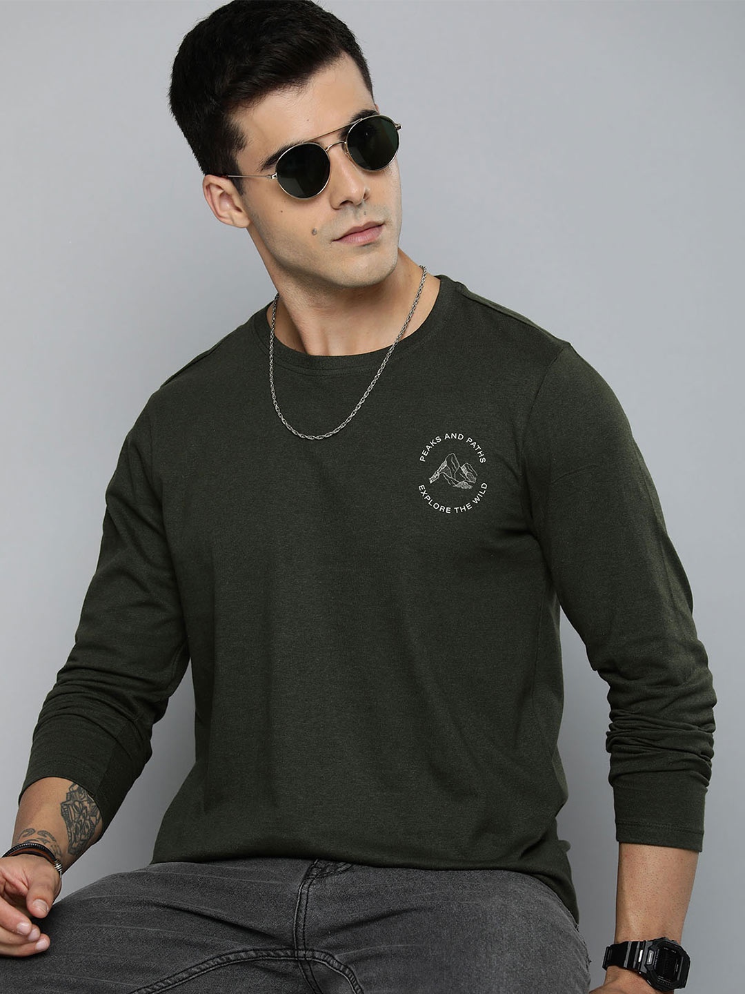 

R.Code by The Roadster Lifestyle Co. Men Graphic Printed Round Neck Cotton T-shirt, Olive