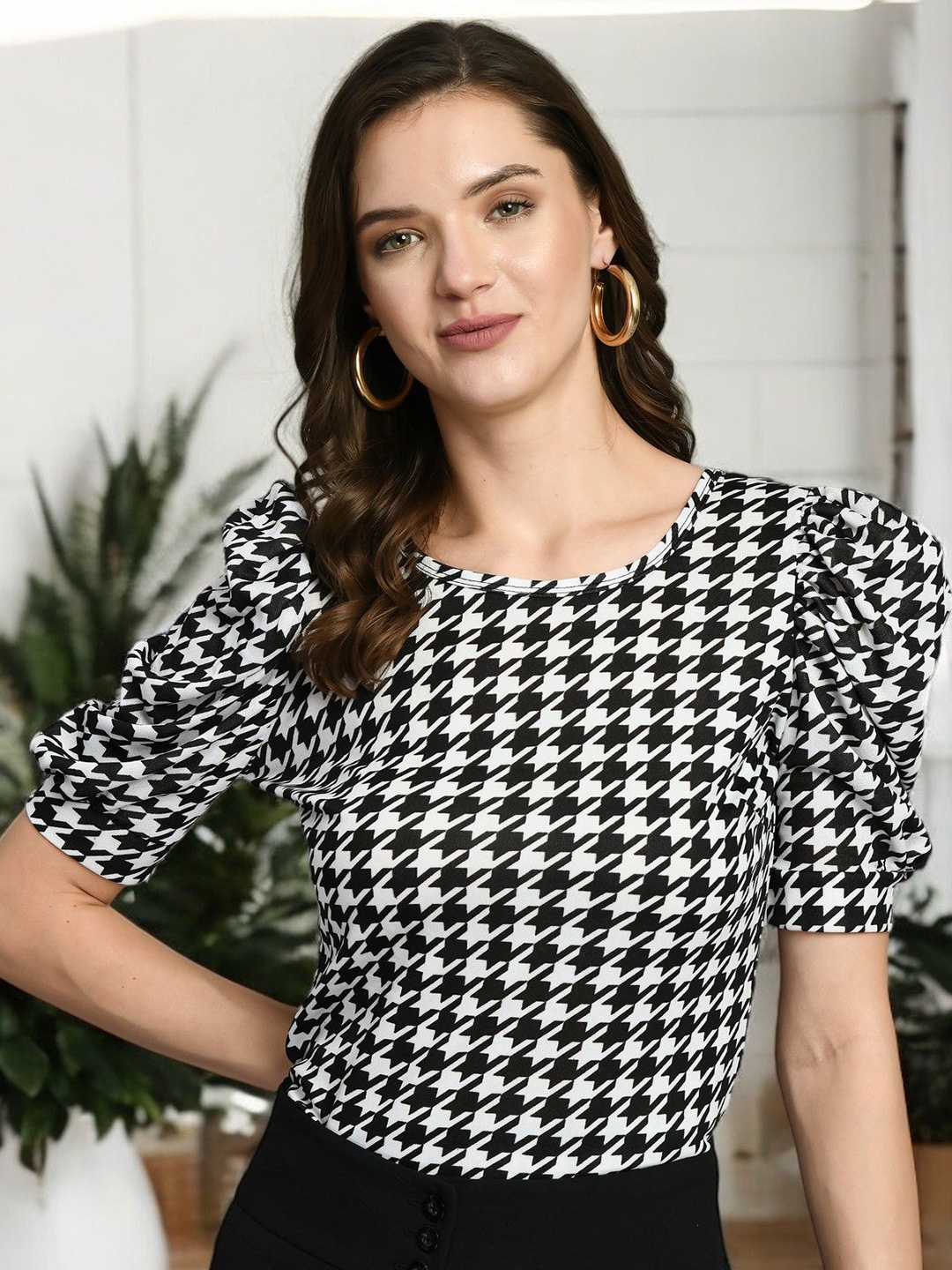 

BAESD Women Checked Puff Sleeve Top, Black