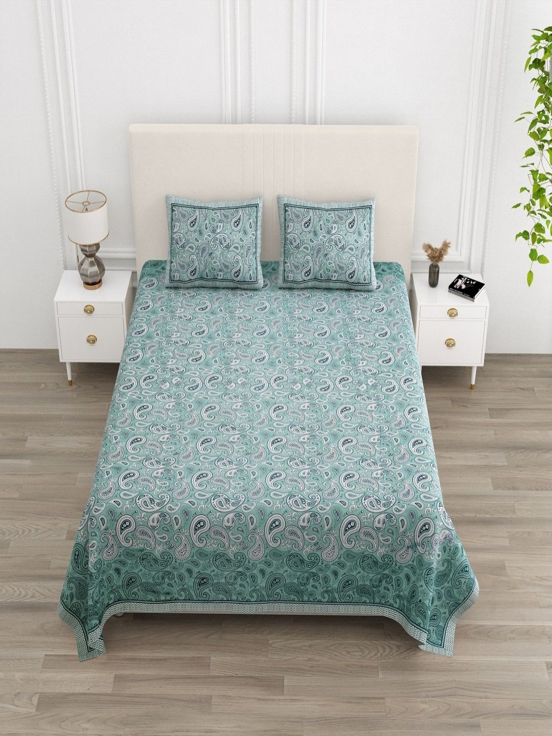 

tundwal's Teal & White Floral Printed 210 TC Cotton King Bedsheet Set 2.2 m x 2.74 m