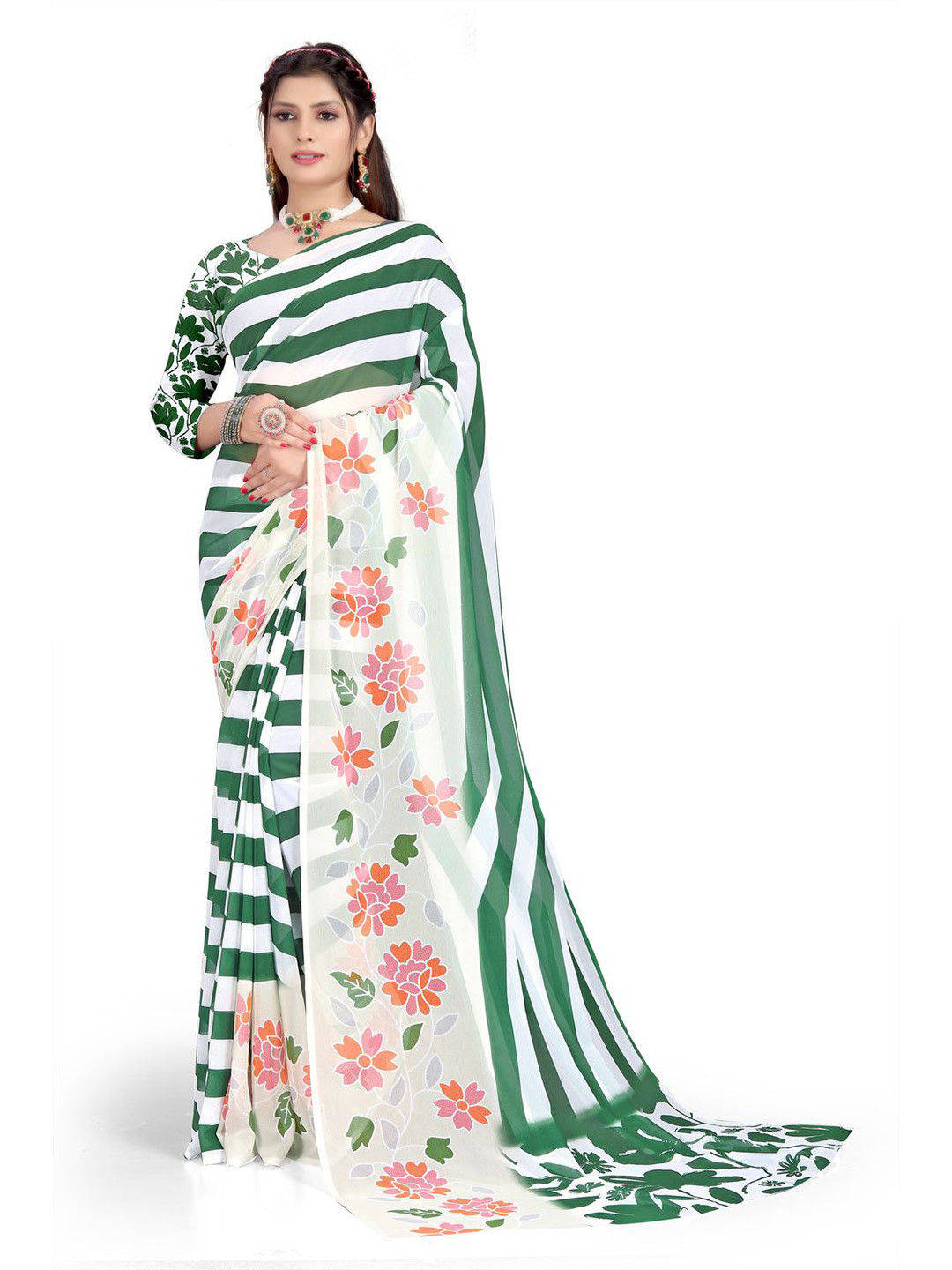 

Pemal Designer Striped Pure Georgette Saree, Green