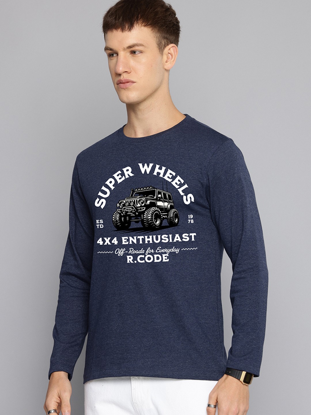 

R.Code by The Roadster Life Co. Men Typography Printed Raw Edge T-shirt, Navy blue