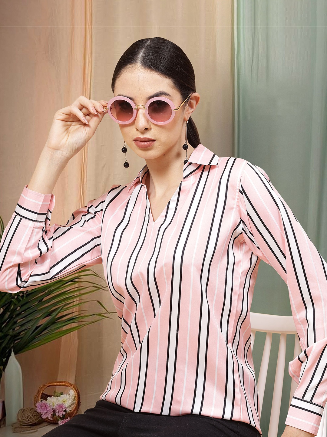 

Moda Rapido Women Striped Mandarin Collar Cuffed Sleeves Shirt Style Top, Pink