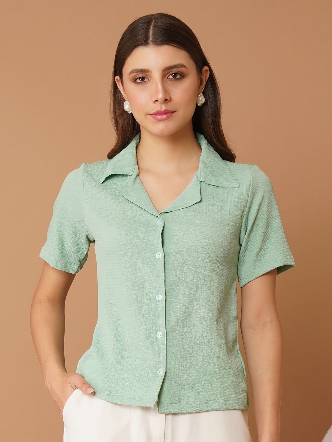 

Chemistry Women India Slim Fit Cuban Collar Textured Casual Shirt, Sea green