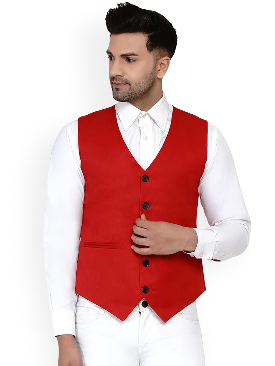 

VEERA PARIDHAAN Pure Cotton Woven Waistcoat, Red