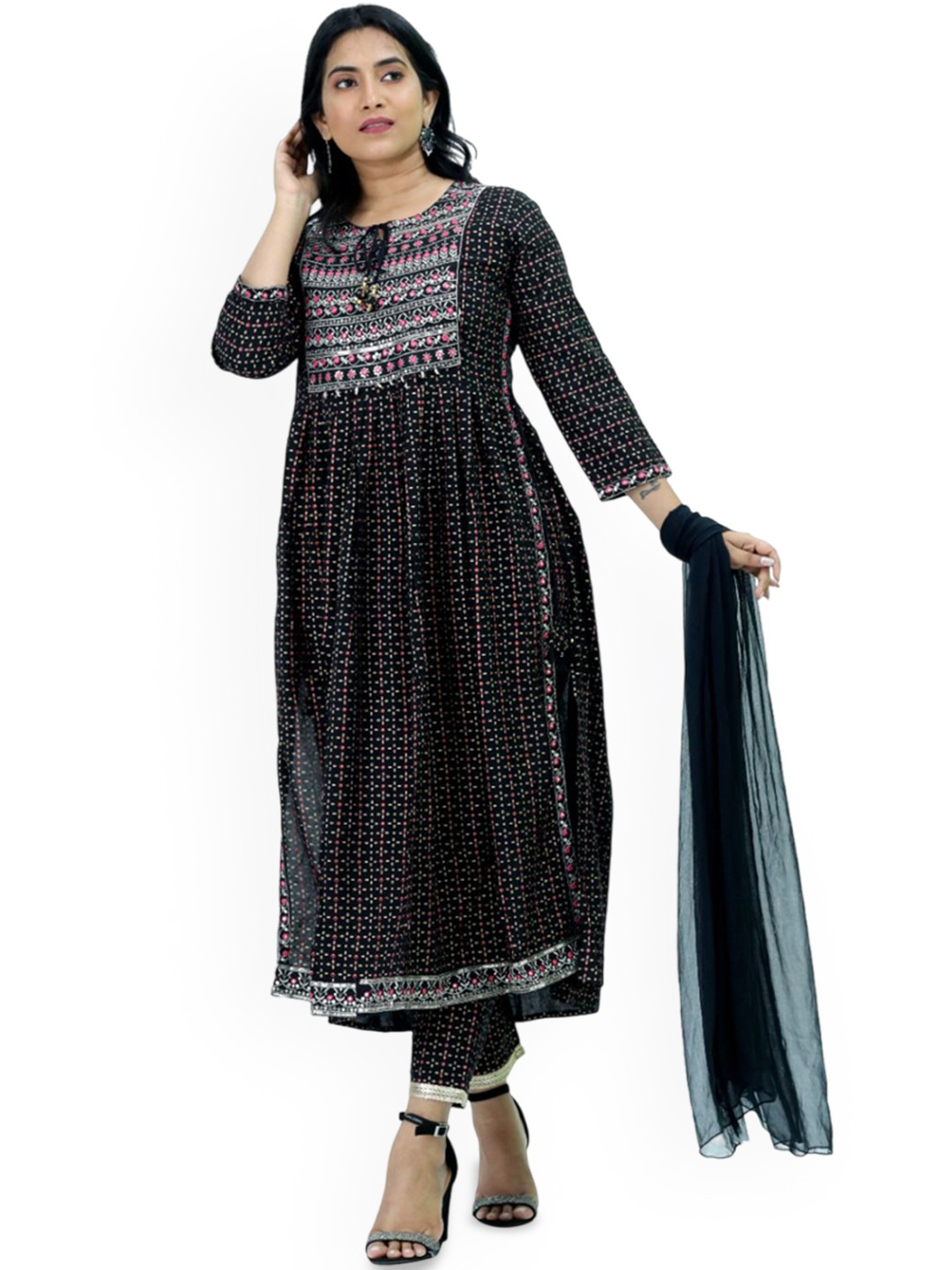 

Silselah Women Ethnic Motifs Printed Regular Pure Cotton Kurta with Trousers & With Dupatta, Black