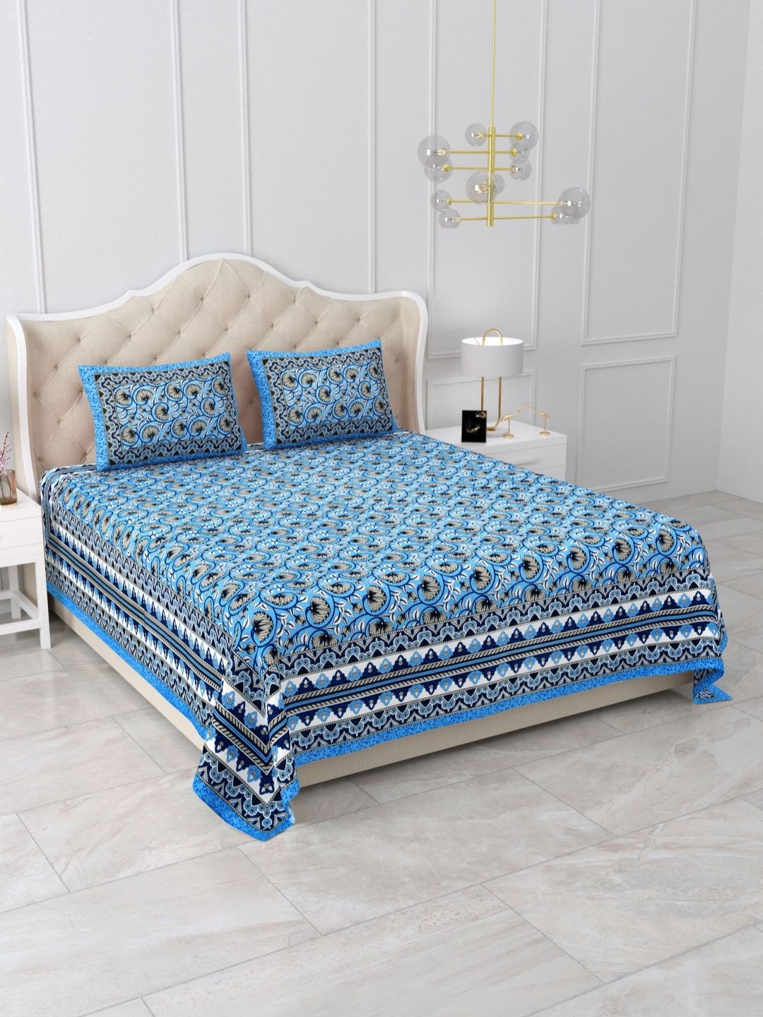 

Qfab Blue Floral 144 TC Queen Bedsheet with 2 Pillow Covers