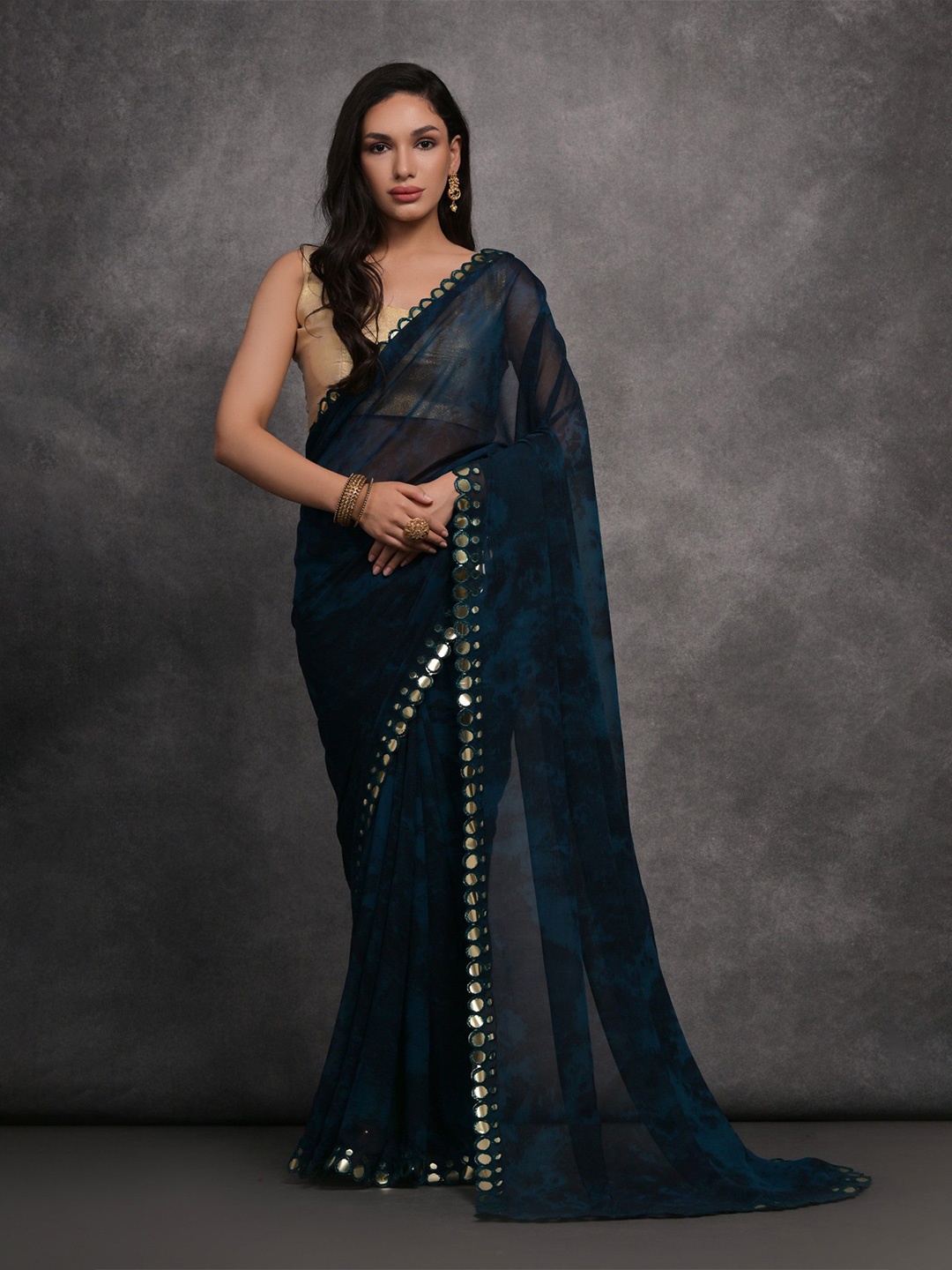 

LeeliPeeri Designer Tie and Dye Mirror Work Embroidered Saree, Navy blue