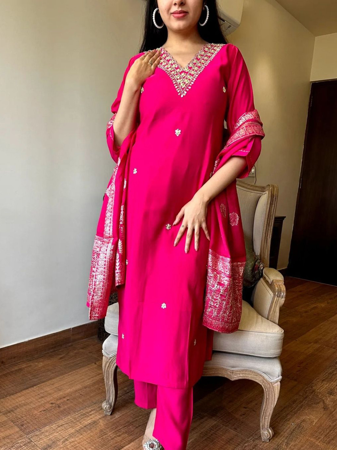 

Wedani Ethnic Motifs Yoke Design V-Neck Zari Straight Kurta With Trouser & Dupatta, Pink