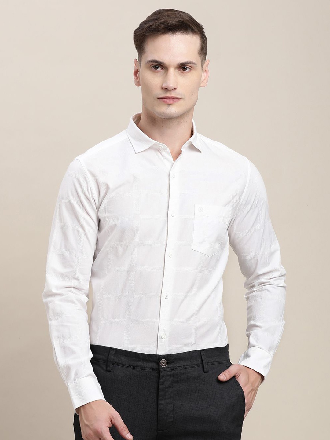 

Turtle Men Relaxed Slim Fit Spread Collar Solid Cotton Casual Shirt, White