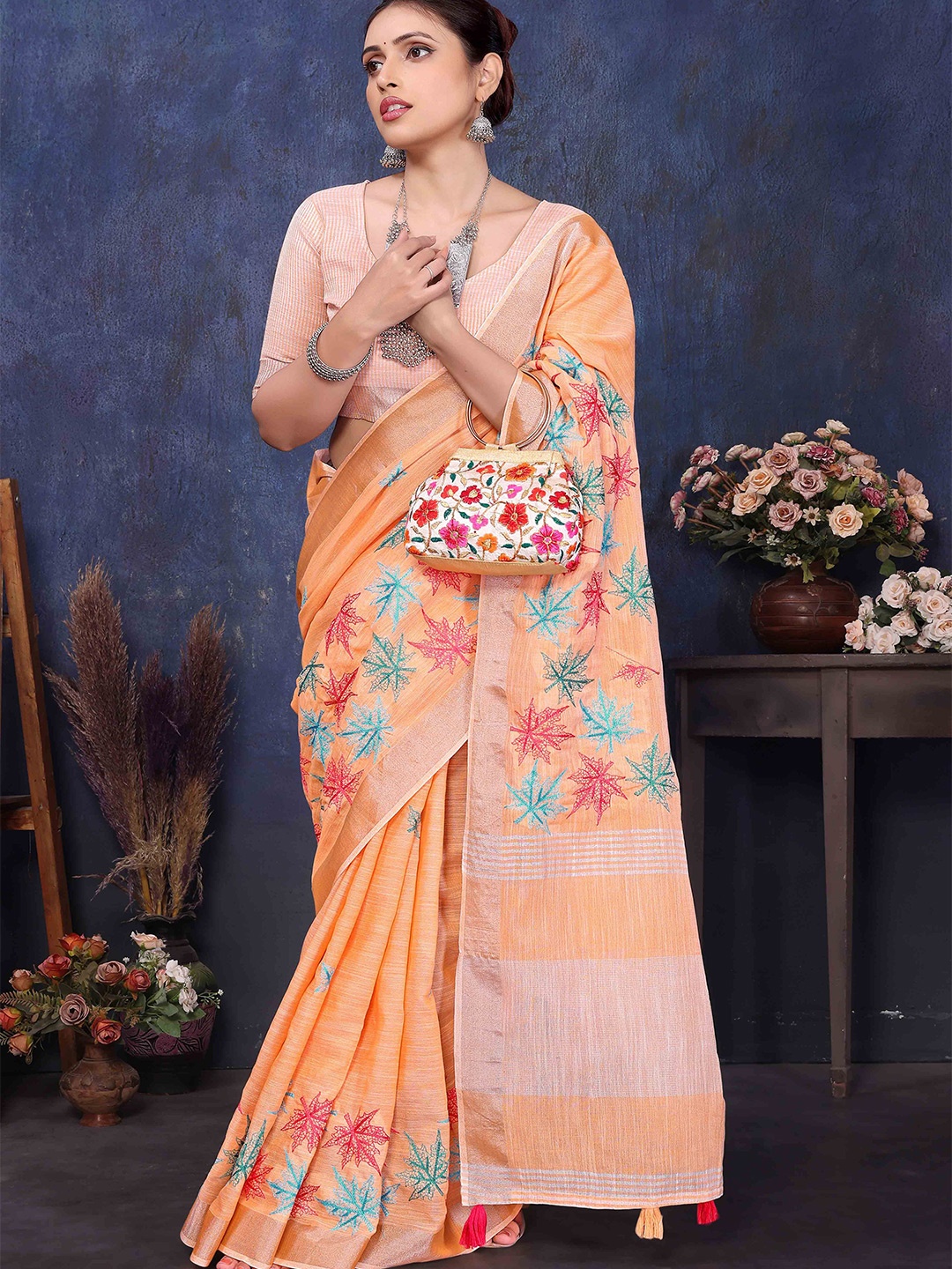 

Peachmode Floral Embroidered Saree With Blouse Piece, Orange