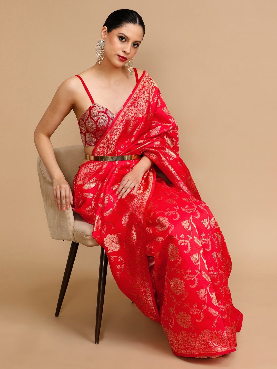 

House of Pataudi Woven Design Banarasi Saree With Unstitched Blouse, Red