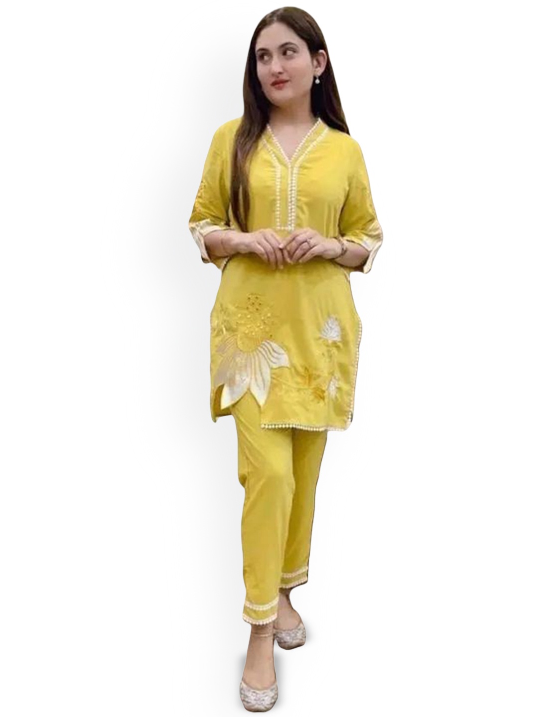 

Moda Rapido Women Floral Printed Regular Thread Work Top with Trousers, Yellow
