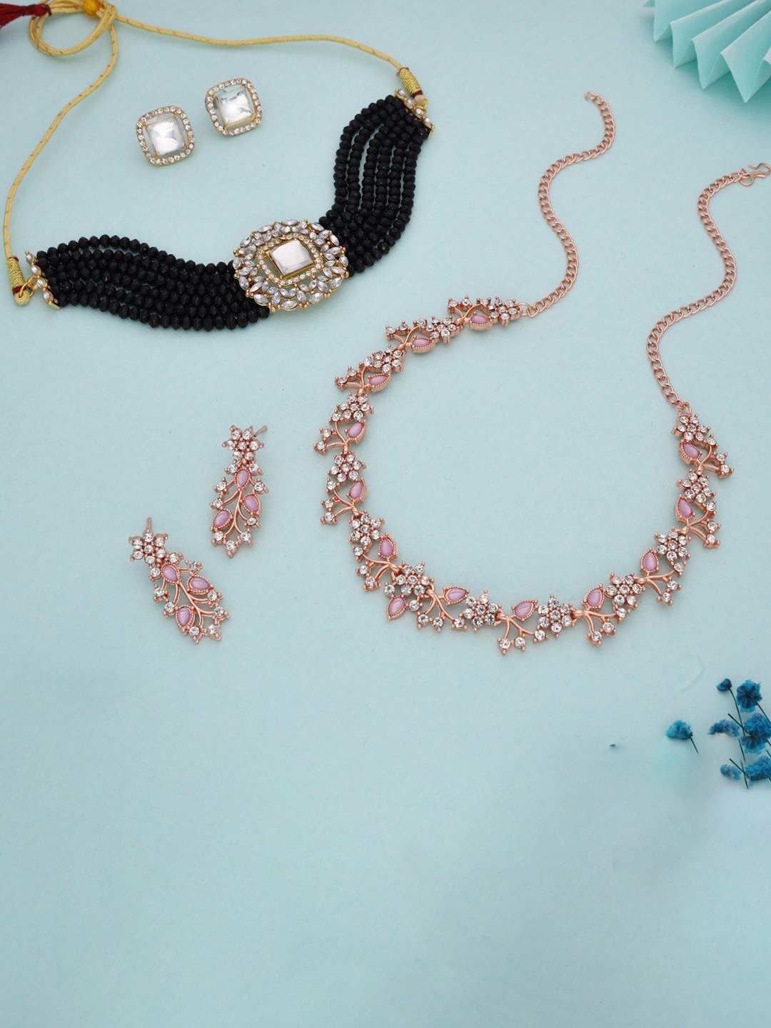

Lyriss Set Of 2 Gold-Plated & Rose Gold-Plated American-Diamond-Studded Jewellery Set