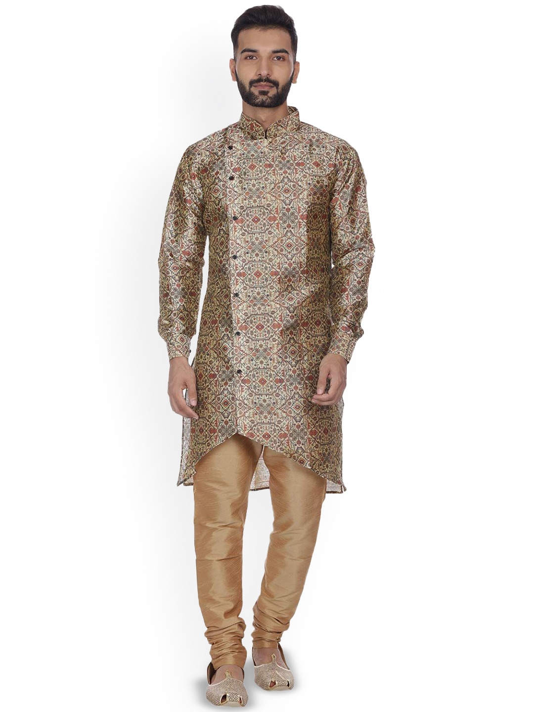 

VEERA PARIDHAAN Men Floral Printed Angrakha Kurta with Churidar, Gold
