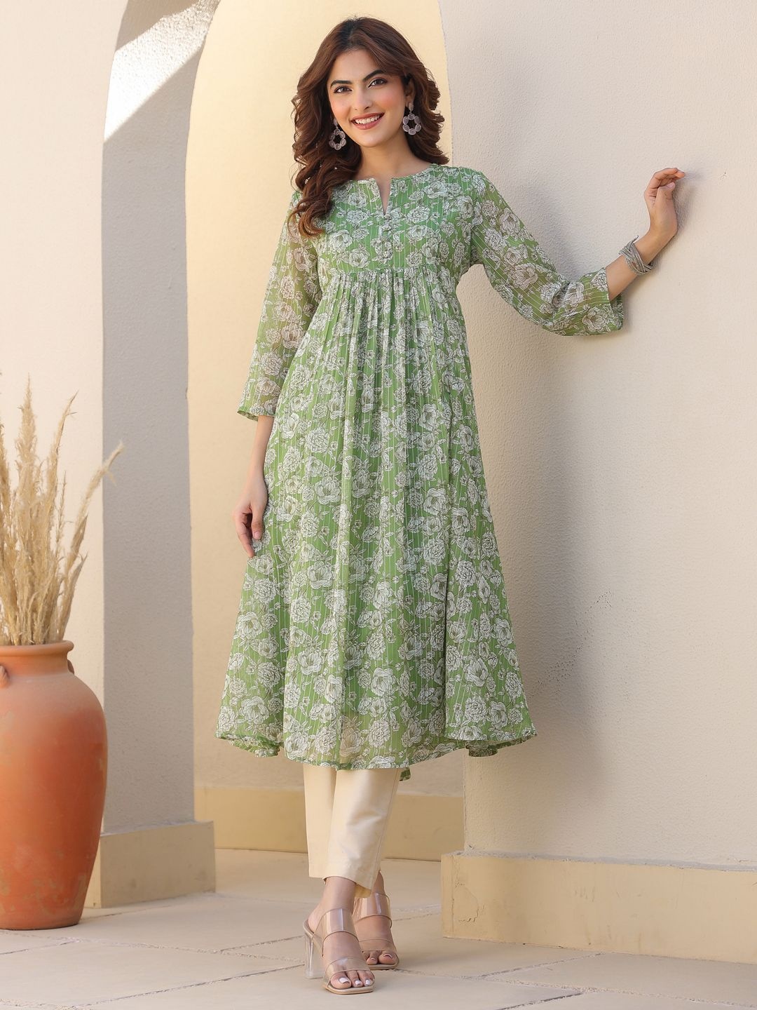 

Janasya Women's Green Chiffon Lurex Floral Printed A-line Kurta