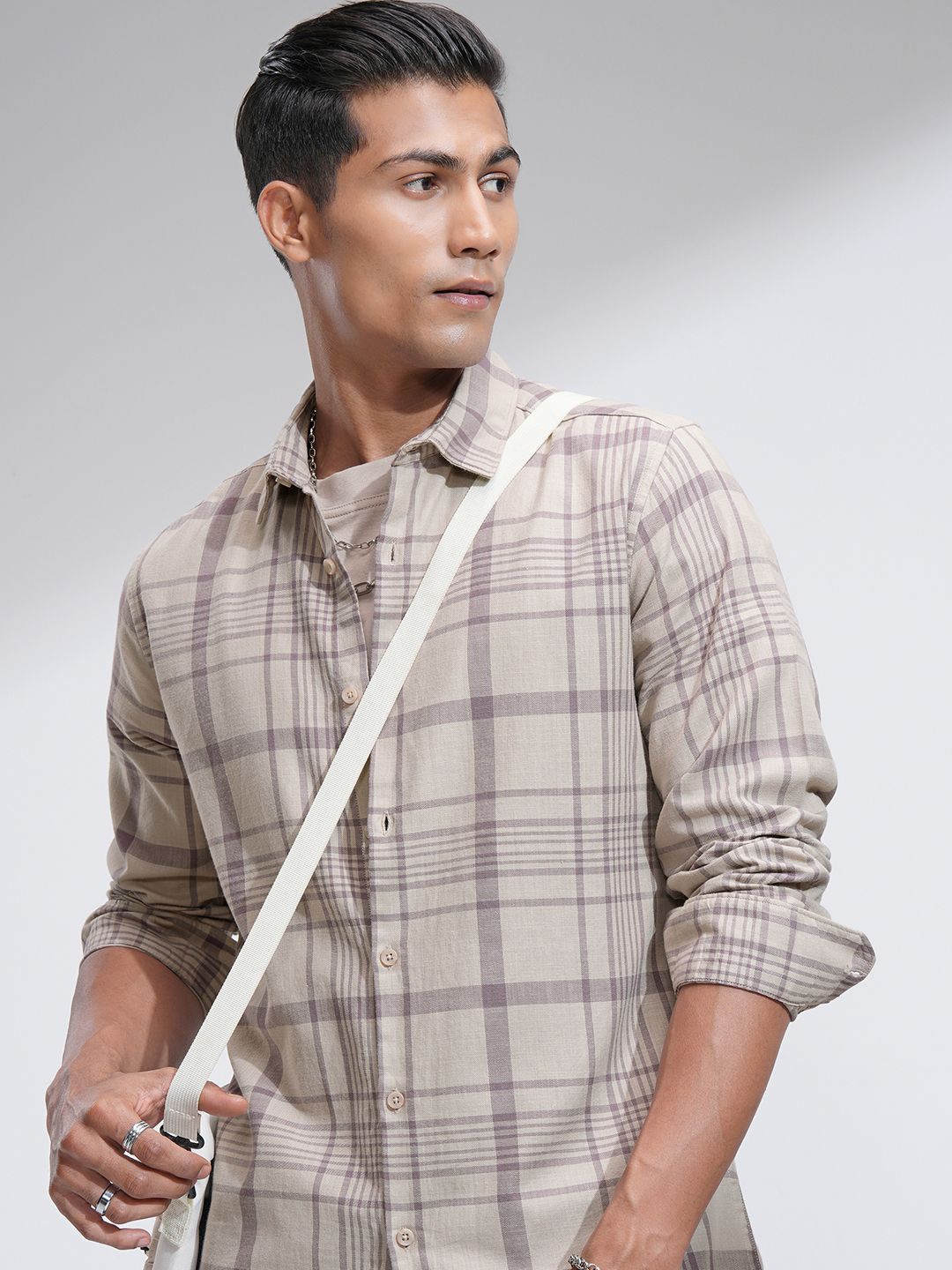 

HIGHLANDER Men Comfort Slim Fit Spread Collar Tartan Checked Cotton Casual Shirt, Beige