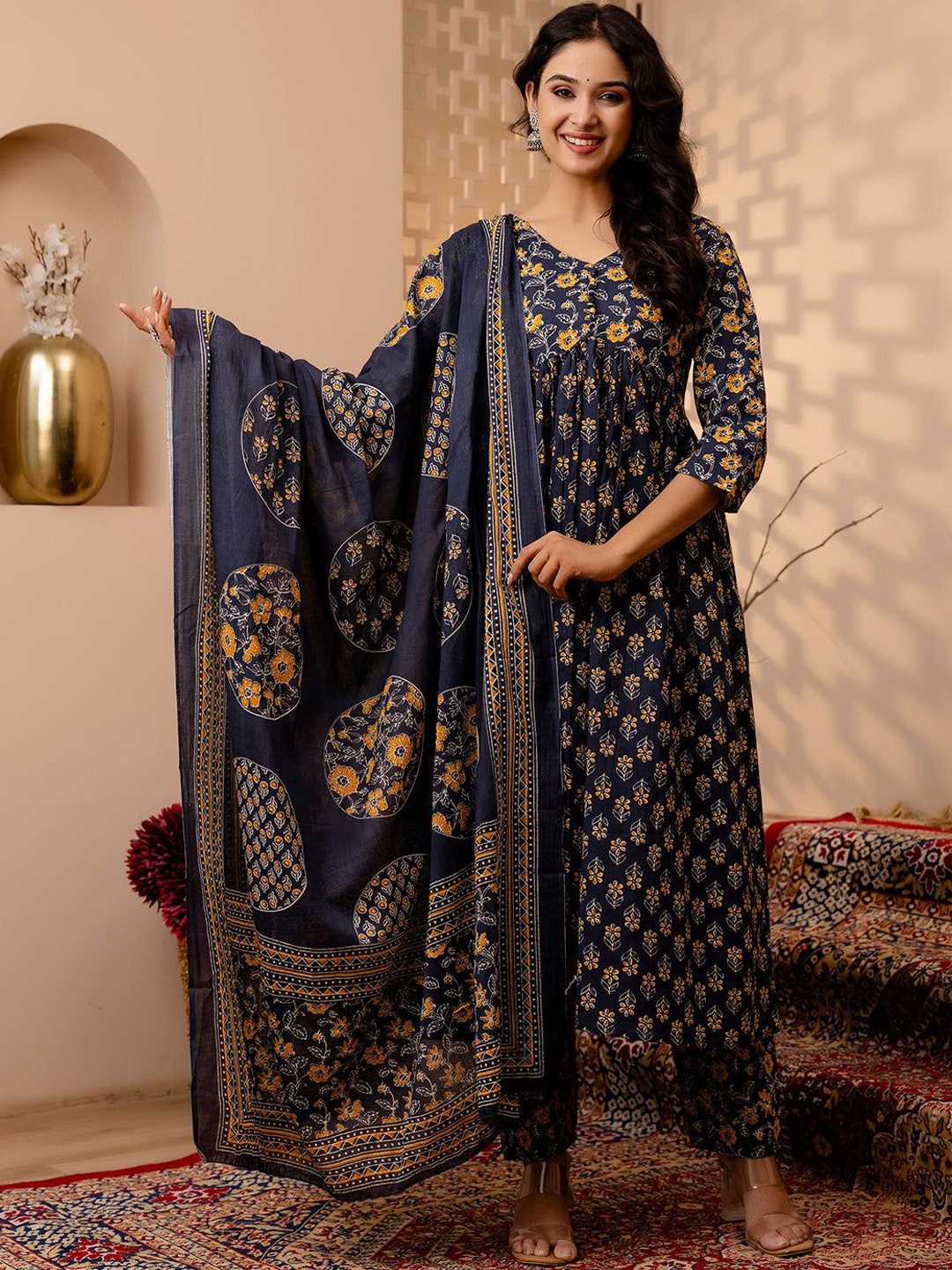 

BAESD Floral Printed V-Neck Empire Anarkali Kurta With Trousers & Dupatta, Navy blue