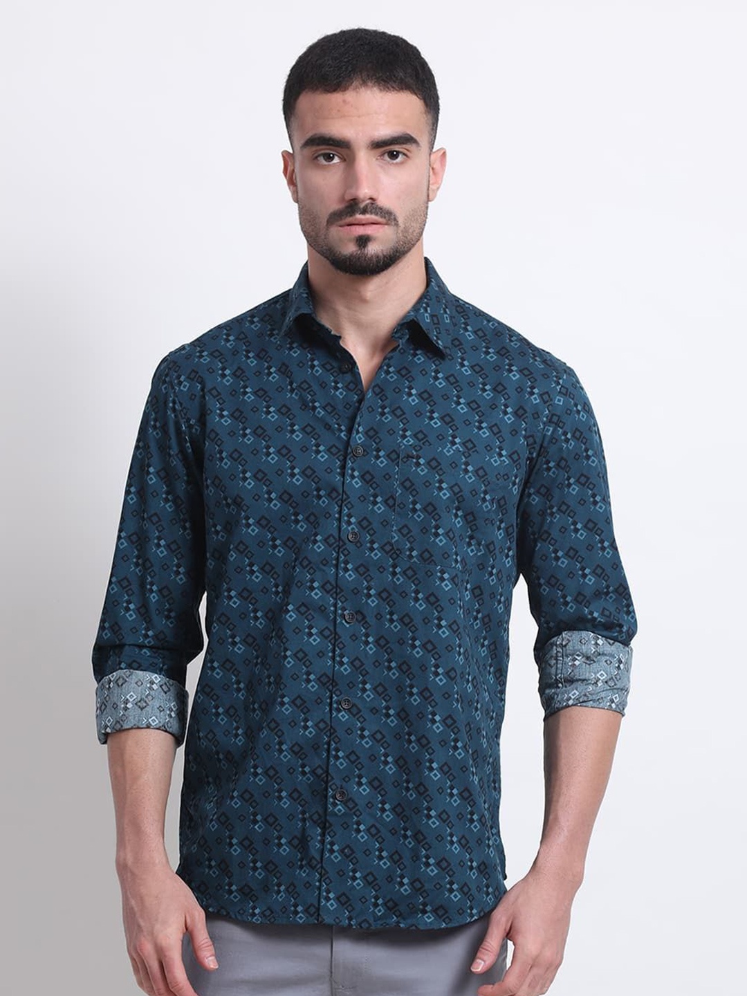 

Basics Men Slim Fit Spread Collar Geometric Printed Cotton Casual Shirt, Teal