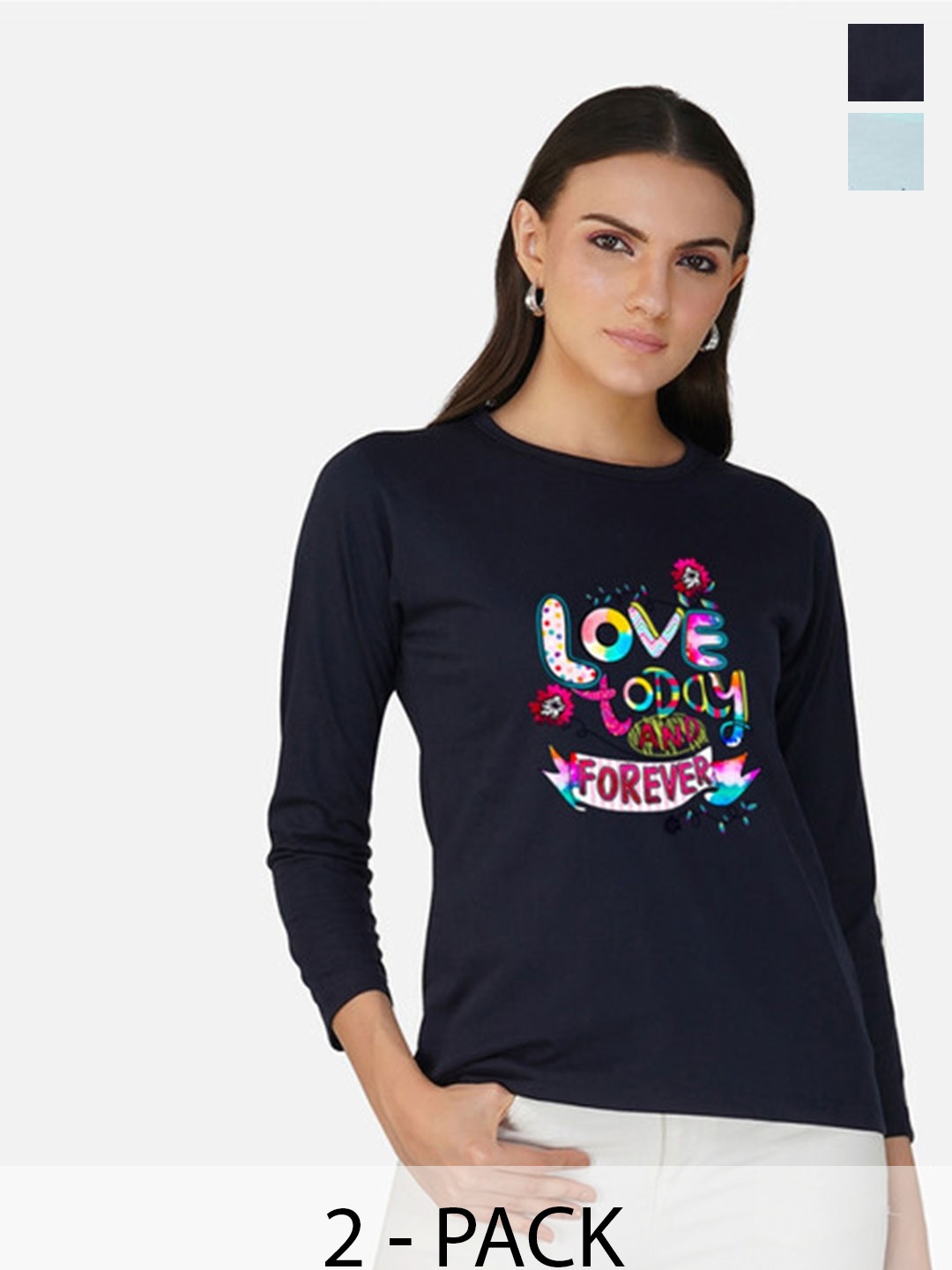 

Metronaut Women 2 Printed Bio Finish Applique T-shirt, Navy blue