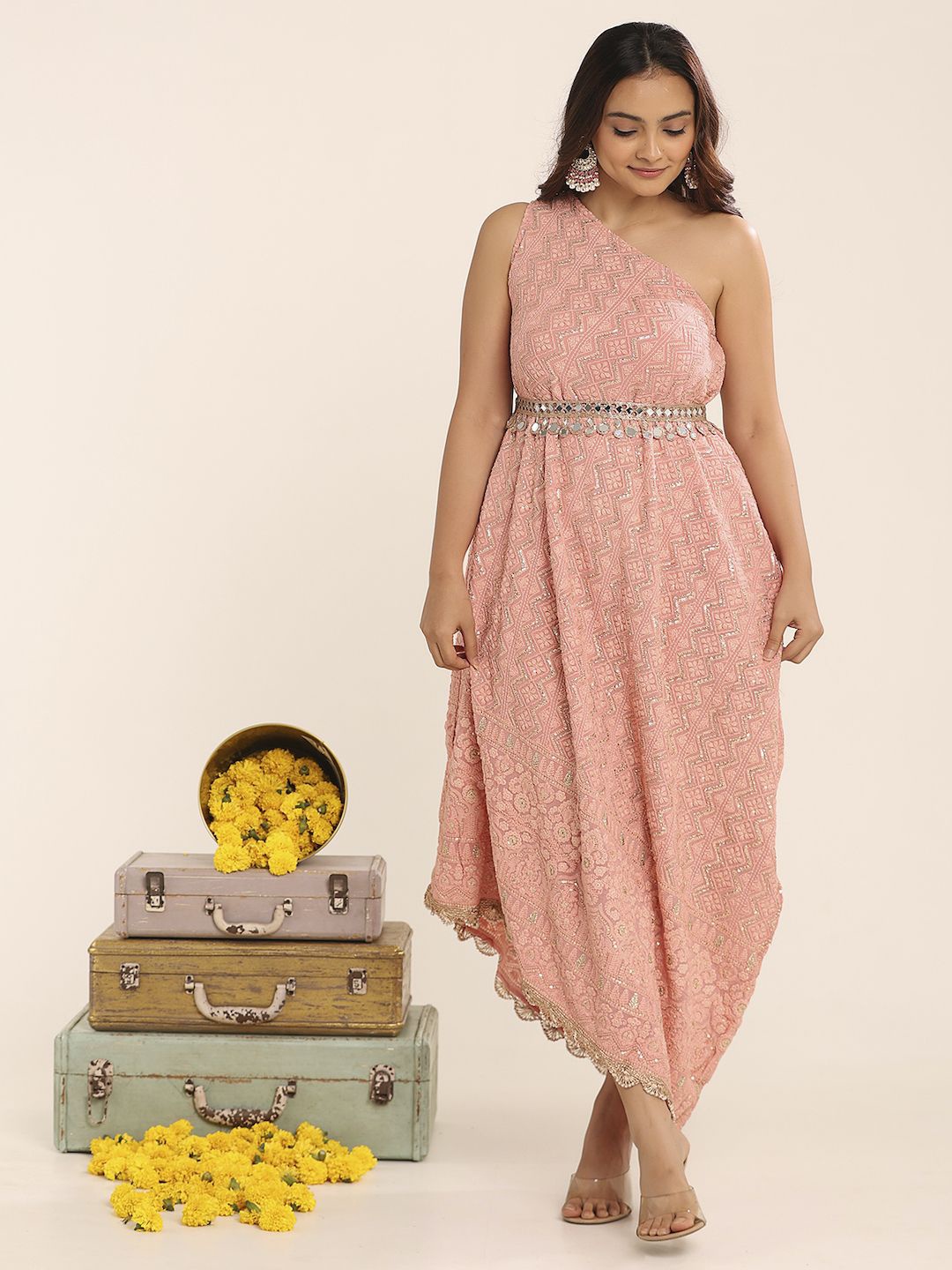 

THE BLESSED WARDROBE Women Printed Georgette Fit & Flare Maxi Ready to Wear Dress, Peach