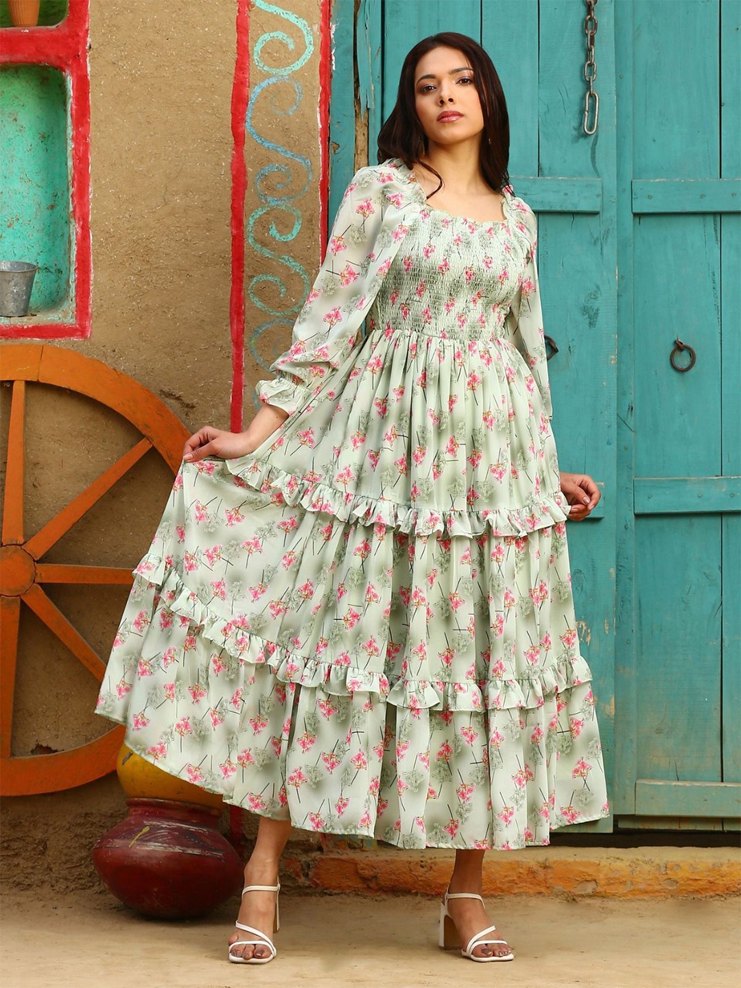 

NOUN Women Floral Printed Ruffles Puff Sleeves Fit and Flare Dress, Green