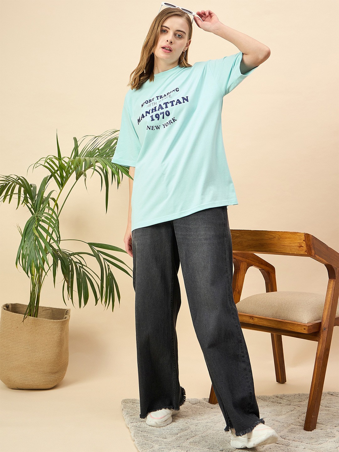 

Mast & Harbour Women Printed Drop-Shoulder Sleeves T-shirt, Blue