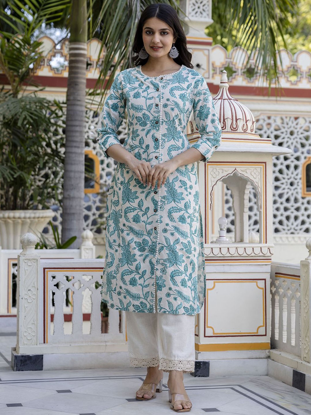 

Pistaa Floral Printed A-Line Pure Cotton Kurta With Palazzos, Green