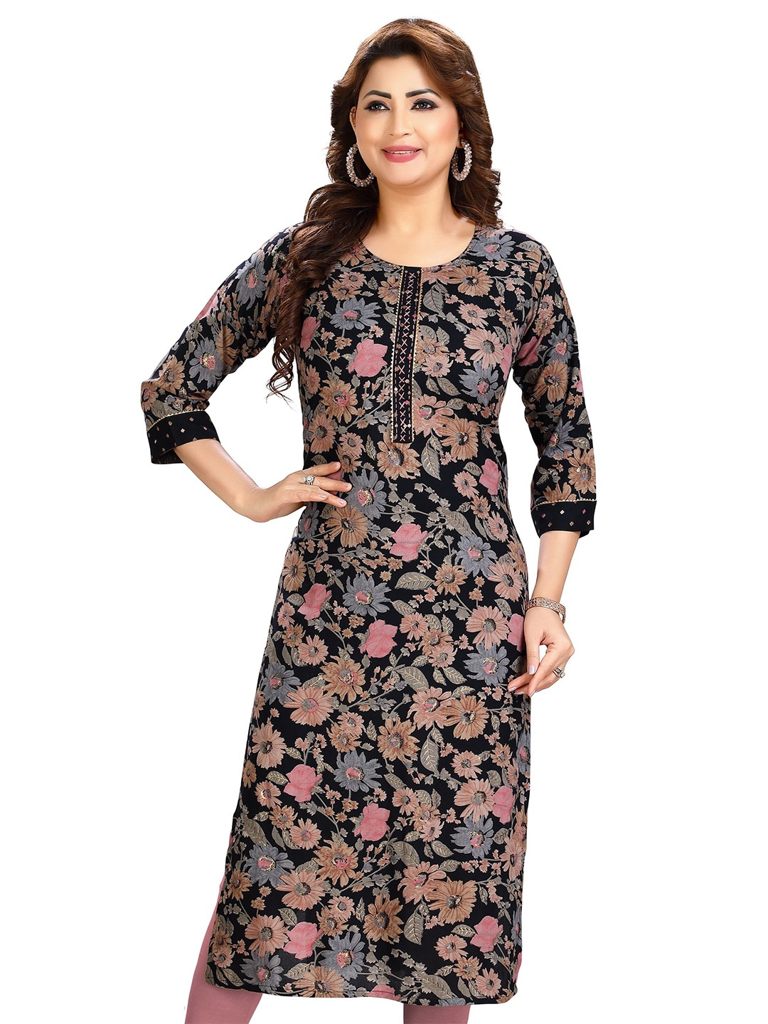 

Meher Impex Floral Printed Round Neck Thread Work Straight Kurta, Black