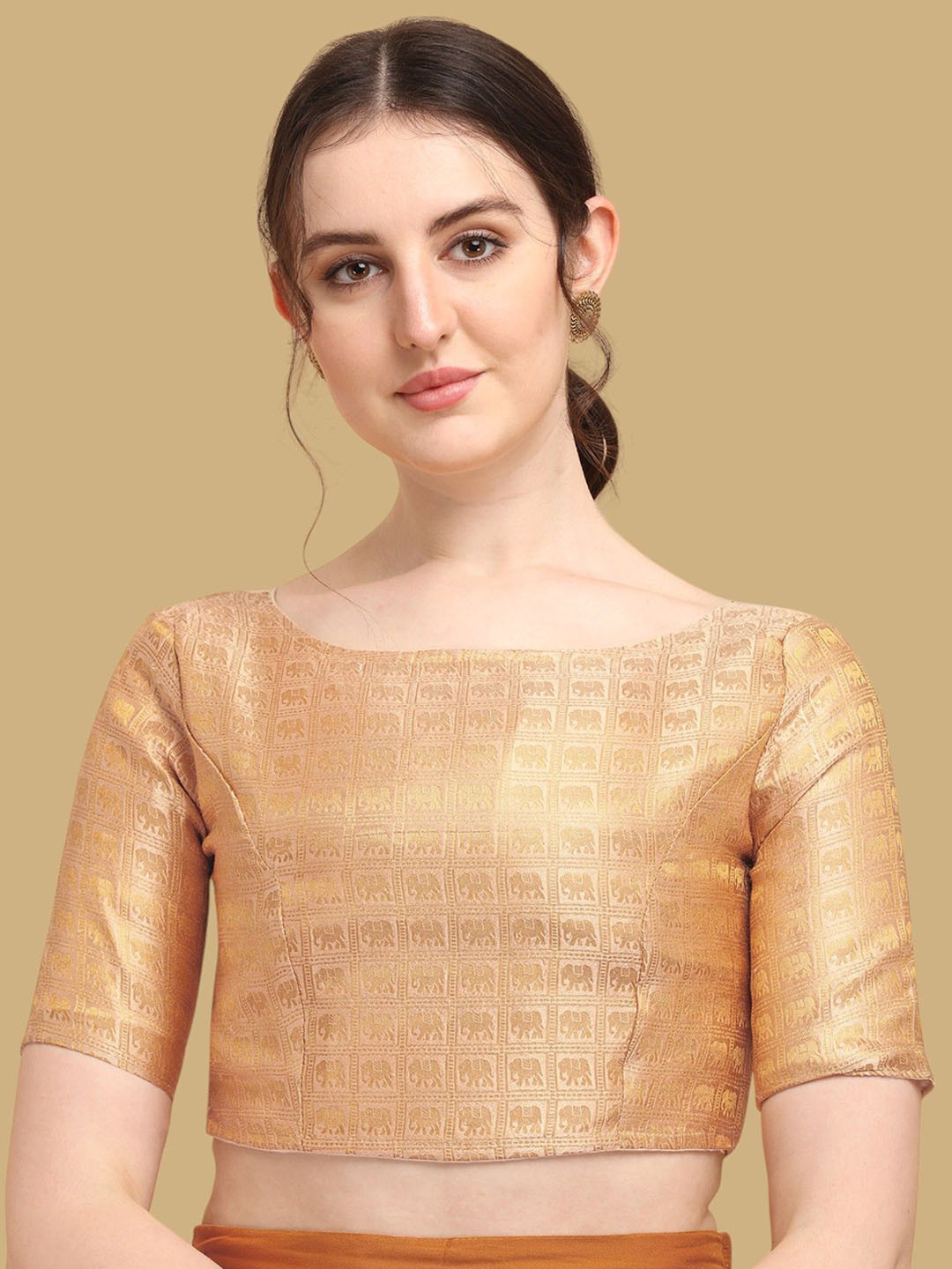

Oomph! Woven Design Boat Neck Jacquard Saree Blouse, Gold