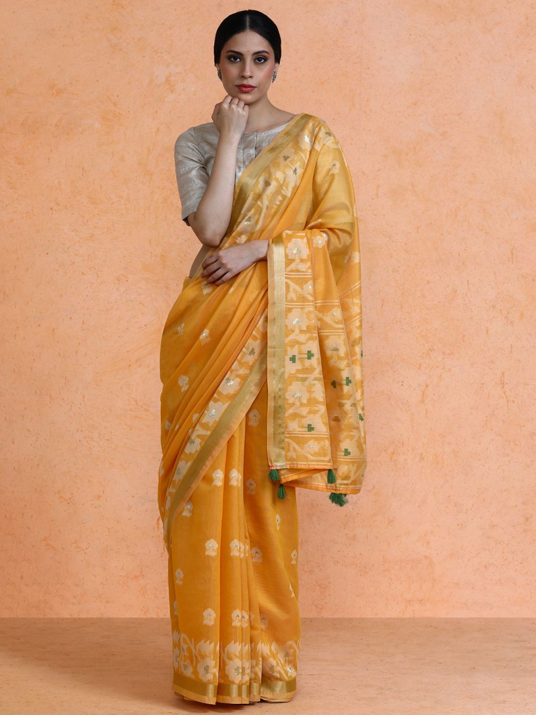 

SARHA Woven Design Chanderi Cotton Saree, Yellow