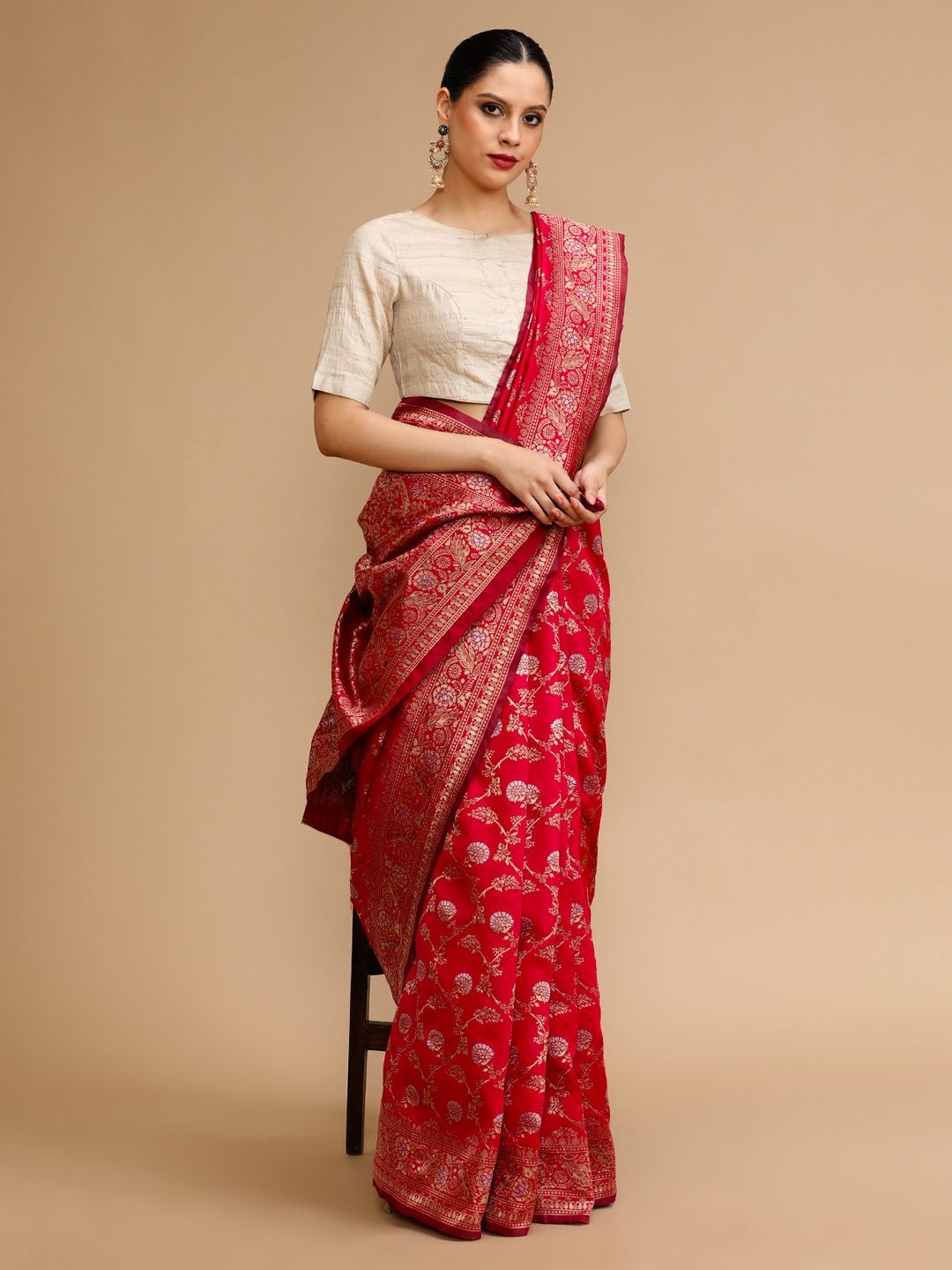 

House of Pataudi Woven Design Zari Banarasi Saree With Unstitched Blouse Piece, Red