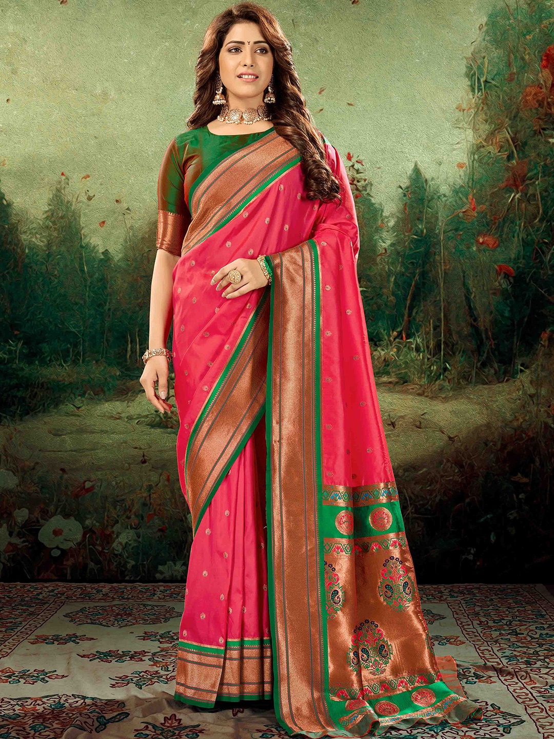 

Mitera Ethnic Motifs Zari Paithani Saree With Blouse Piece, Pink