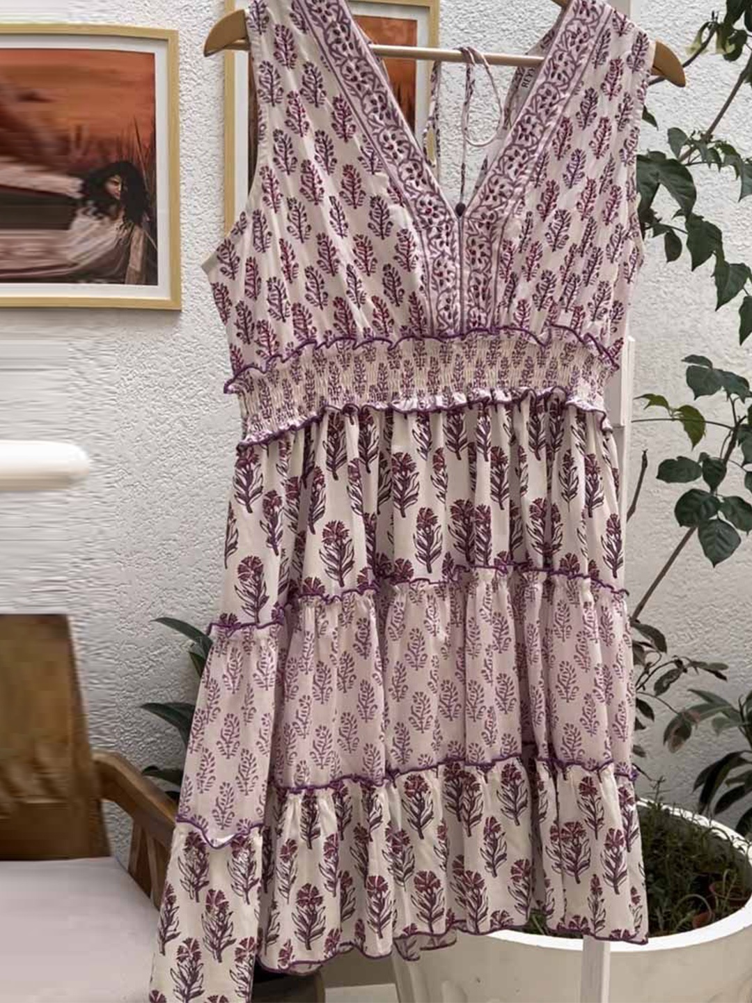 

Label Reyya Ethnic Motifs Printed Tiered Cotton A-Line Dress, Purple