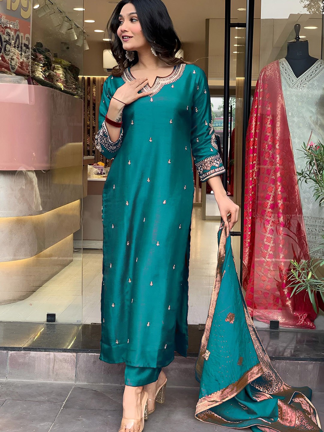 

VAAZI CREATOR Floral Embroidered Notch Neck Zari Straight Kurta With Trouser & Dupatta, Blue