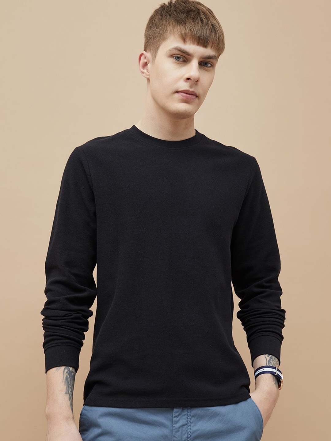 

Fame Forever by Lifestyle Men Striped Raw Edge T-shirt, Black