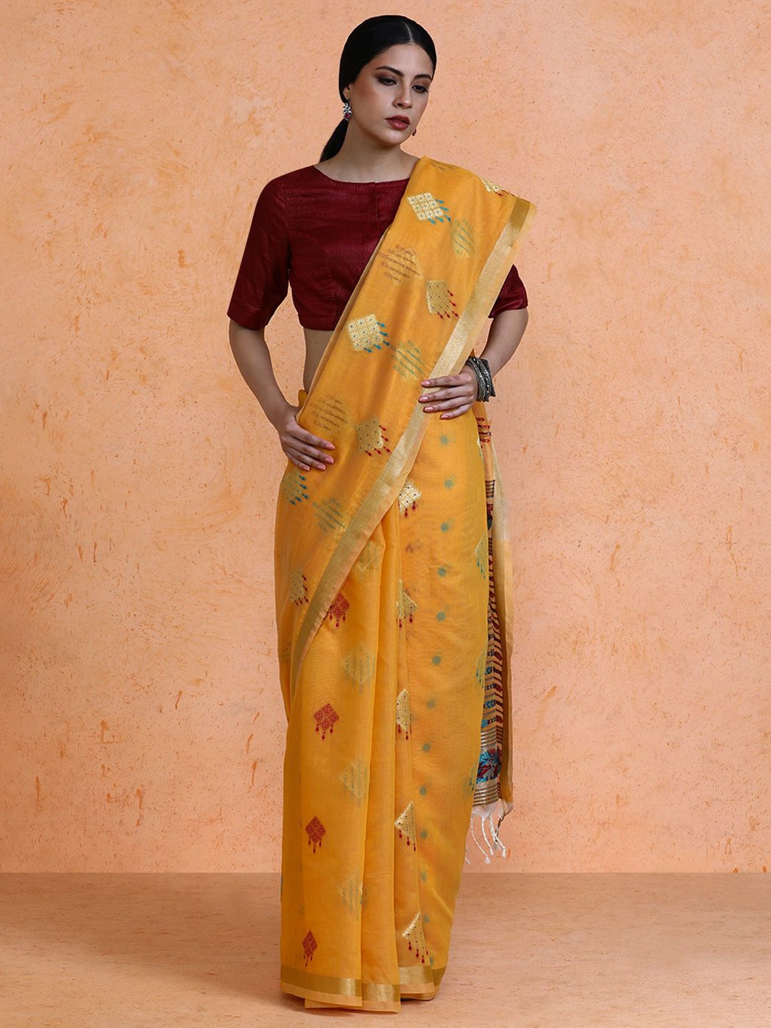 

SARHA Woven Design Chanderi Cotton Saree, Orange