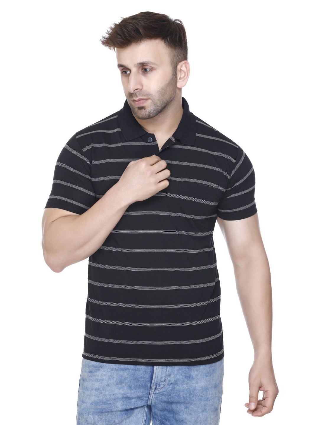 

Yoorix Men Striped Polo Collar T-shirt, Black