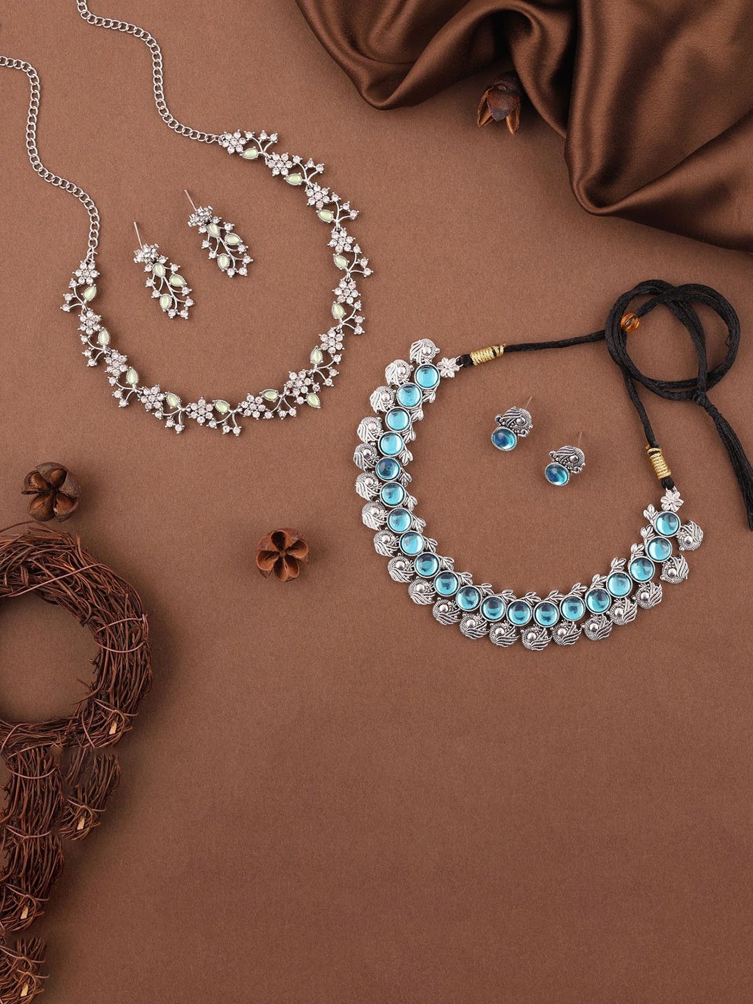 

Lyriss Set Of 2 Silver-Plated American Diamond Stone-Studded Jewellery Set