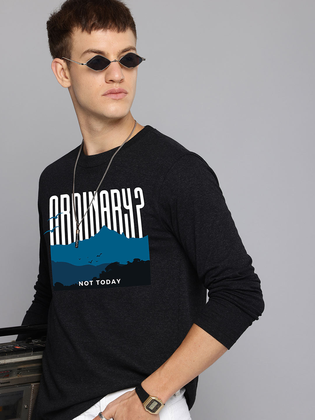 

R.Code by The Roadster Life Co. Men Printed T-shirt, Charcoal