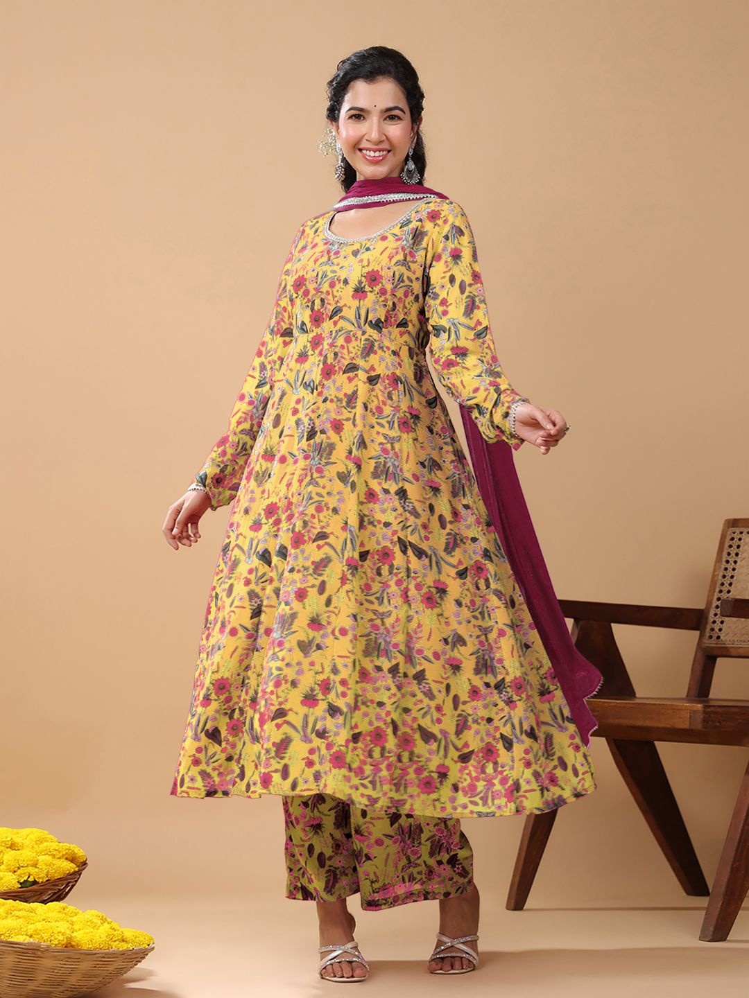 

Janasya Floral Printed Panelled Georgette Anarkali Kurta with Palazzo & Dupatta, Mustard