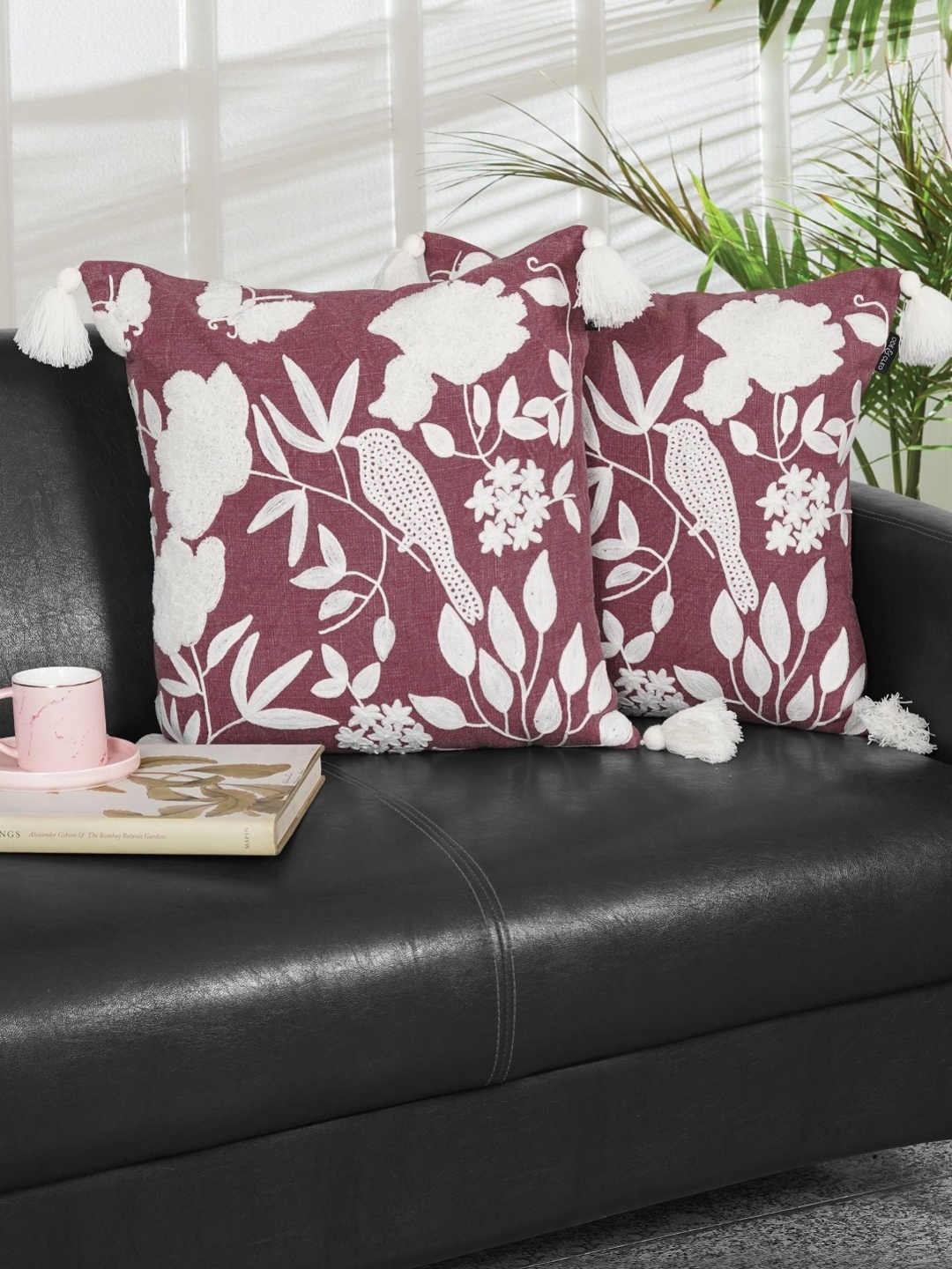 

Ode & Cleo Maroon & White Set of 2 Embroidered Square Cushion Covers