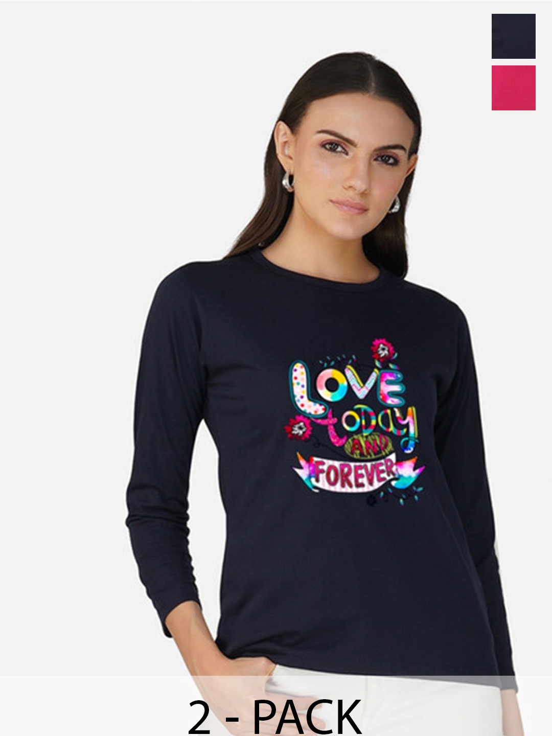 

Metronaut Women 2 Printed Bio Finish Applique T-shirt, Navy blue