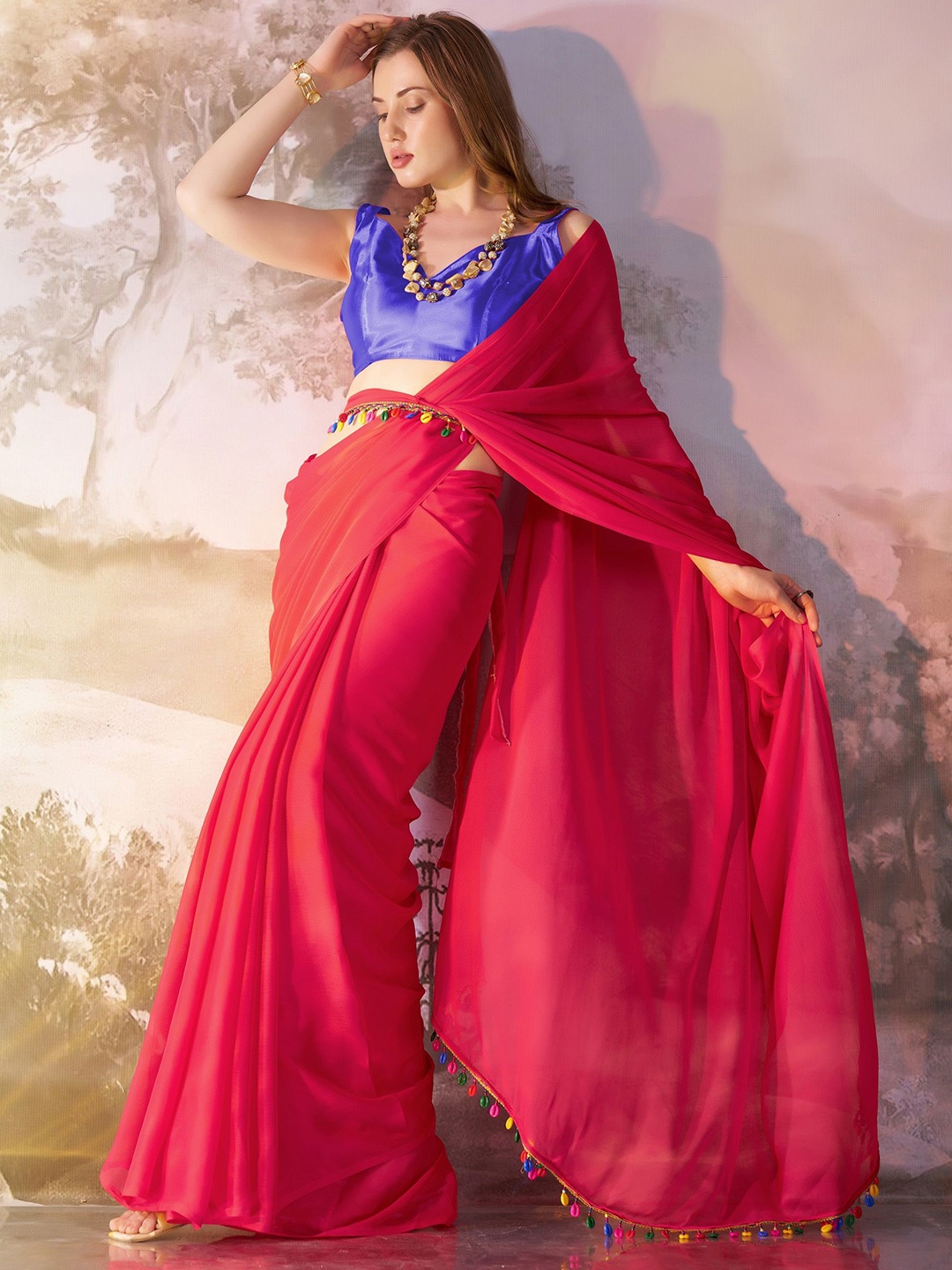 

MAHALASA Pure Chiffon Solid Saree, Red