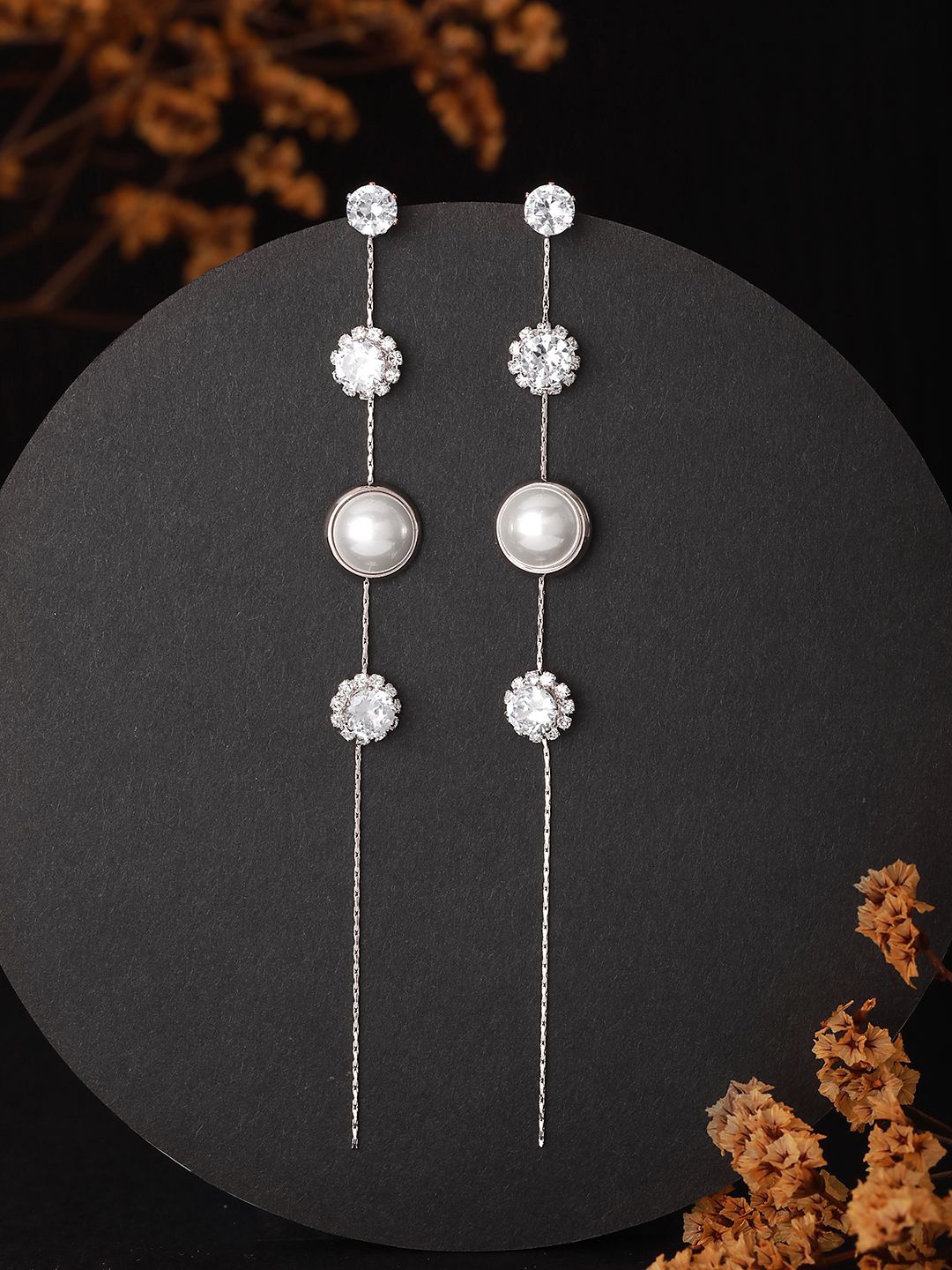 

DressBerry Silver-Plated Artificial Stone Studded & Pearls Beaded Drop Earrings