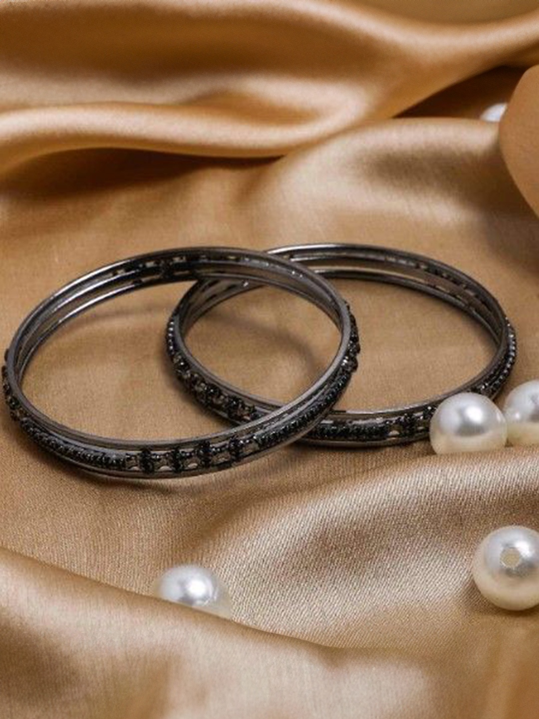 

leshya Set Of 2 Shining Stone-Studded & Beaded Bracelet Bangles, Black