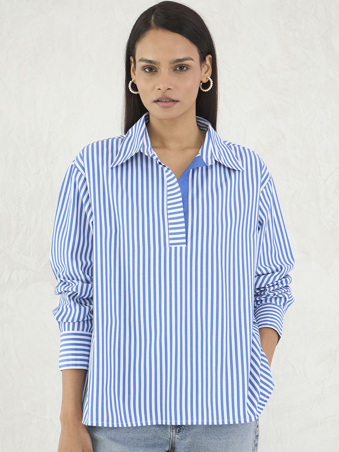 

FEMMELLA Striped Cotton Oversized Shirt Style Top, Blue
