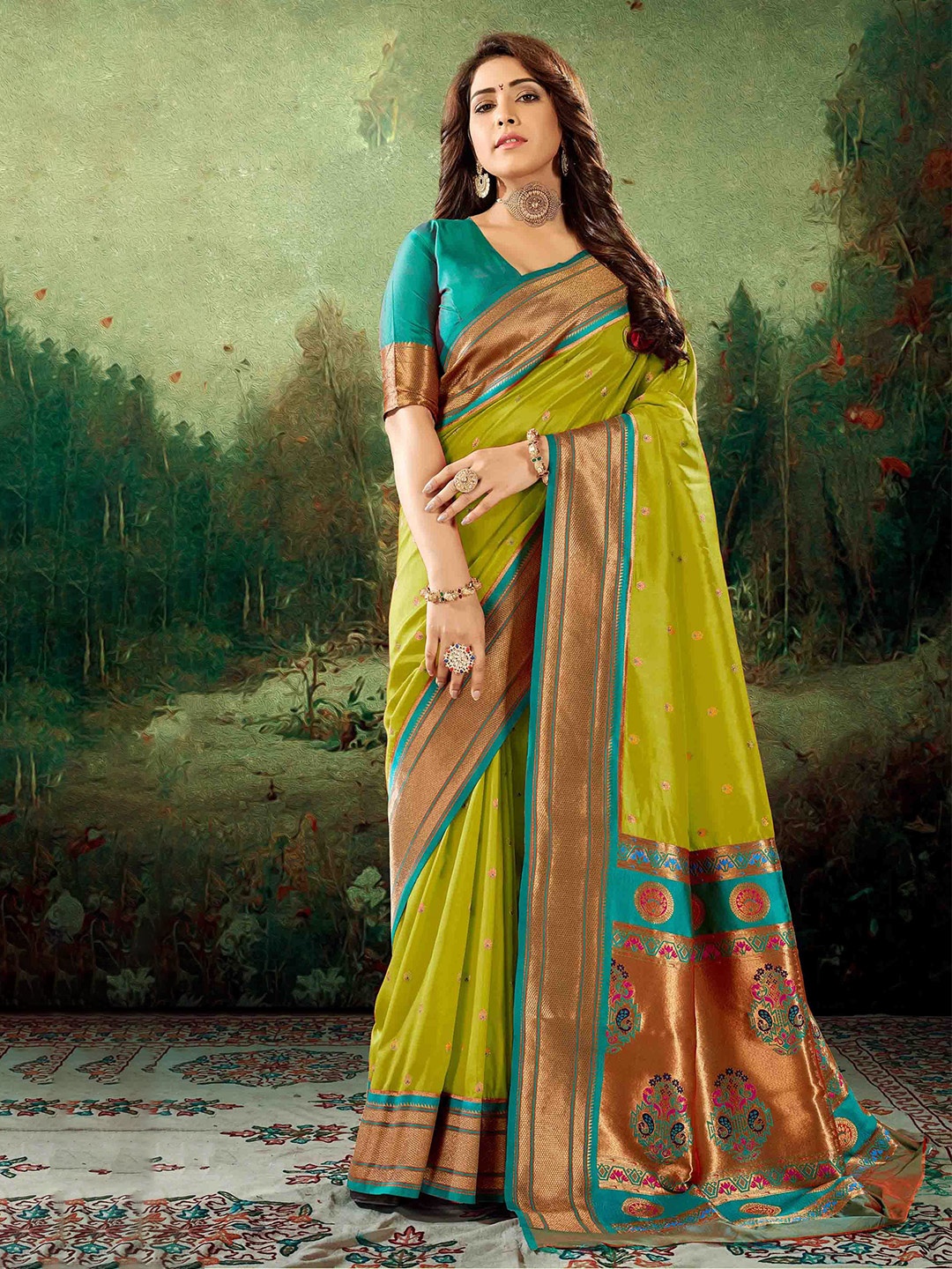 

Mitera Ethnic Motifs Woven Design Zari Paithani Saree, Green