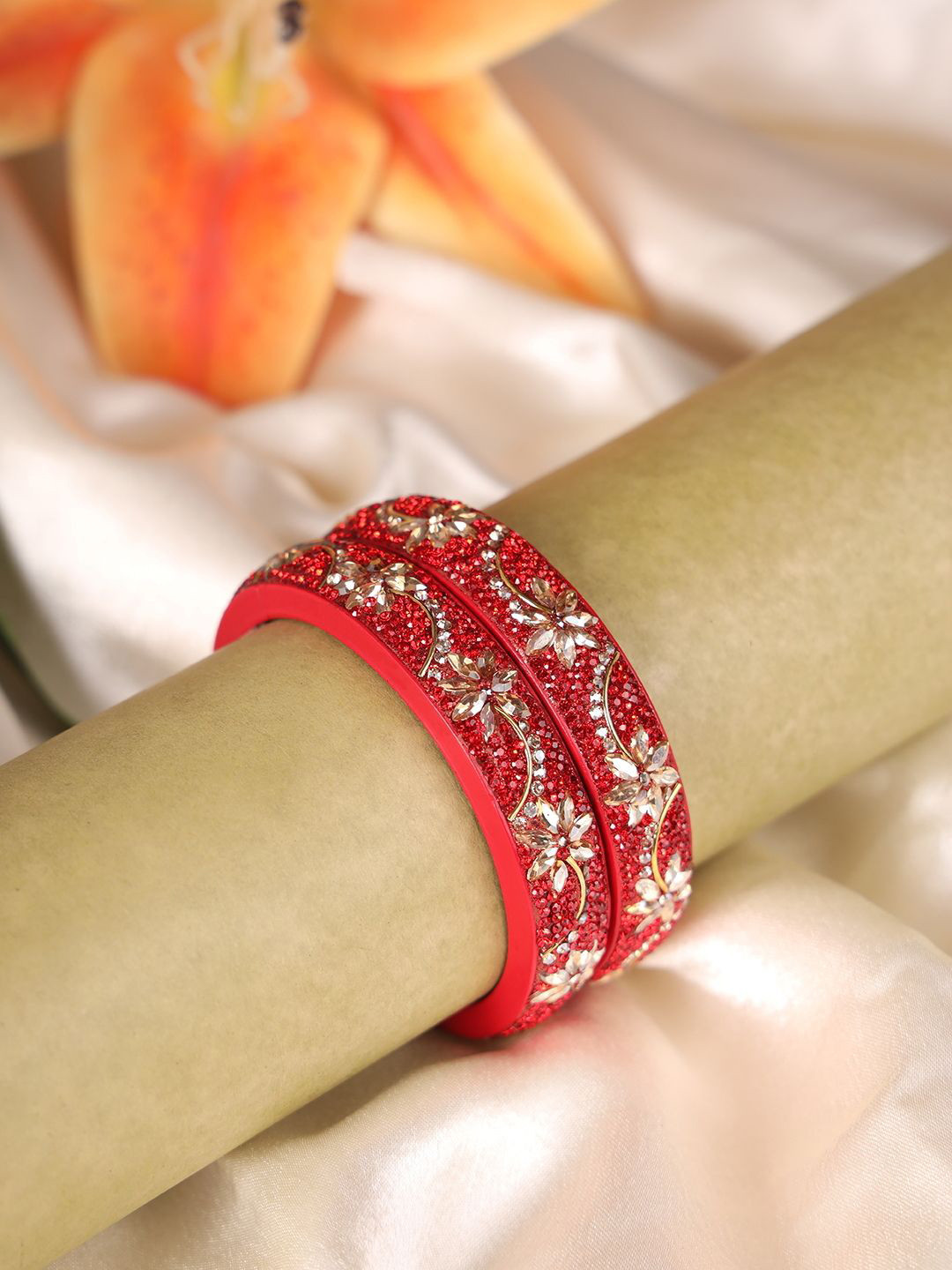 

ZULKA Set Of 2 Floral Diamond Zircon Gemstones & Beads Studded Bangles, Red